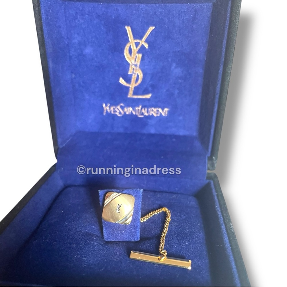 Saint Laurent Vintage Gold Tie Pin Tack Black Logo With Box YSL
